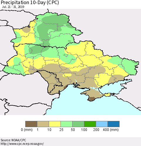 Ukraine, Moldova and Belarus Precipitation 10-Day (CPC) Thematic Map For 7/21/2019 - 7/31/2019