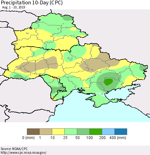 Ukraine, Moldova and Belarus Precipitation 10-Day (CPC) Thematic Map For 8/1/2019 - 8/10/2019
