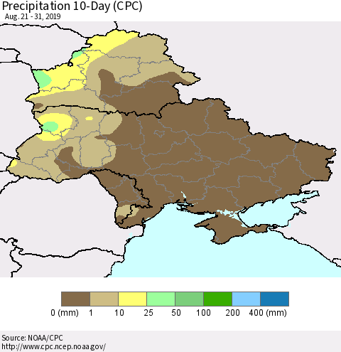 Ukraine, Moldova and Belarus Precipitation 10-Day (CPC) Thematic Map For 8/21/2019 - 8/31/2019