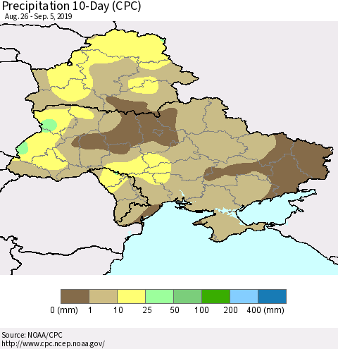 Ukraine, Moldova and Belarus Precipitation 10-Day (CPC) Thematic Map For 8/26/2019 - 9/5/2019