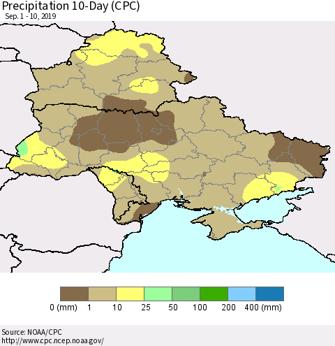 Ukraine, Moldova and Belarus Precipitation 10-Day (CPC) Thematic Map For 9/1/2019 - 9/10/2019