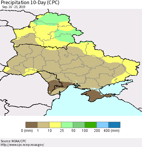Ukraine, Moldova and Belarus Precipitation 10-Day (CPC) Thematic Map For 9/16/2019 - 9/25/2019