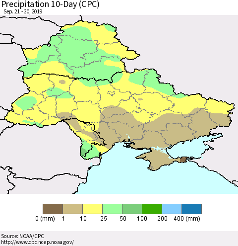 Ukraine, Moldova and Belarus Precipitation 10-Day (CPC) Thematic Map For 9/21/2019 - 9/30/2019
