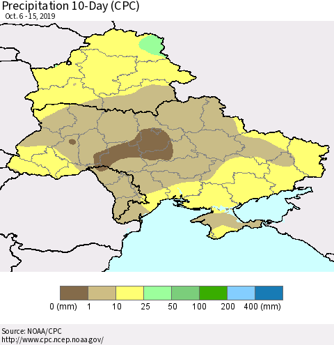 Ukraine, Moldova and Belarus Precipitation 10-Day (CPC) Thematic Map For 10/6/2019 - 10/15/2019