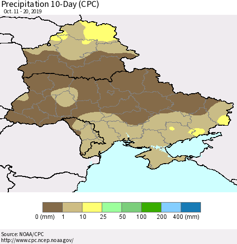 Ukraine, Moldova and Belarus Precipitation 10-Day (CPC) Thematic Map For 10/11/2019 - 10/20/2019