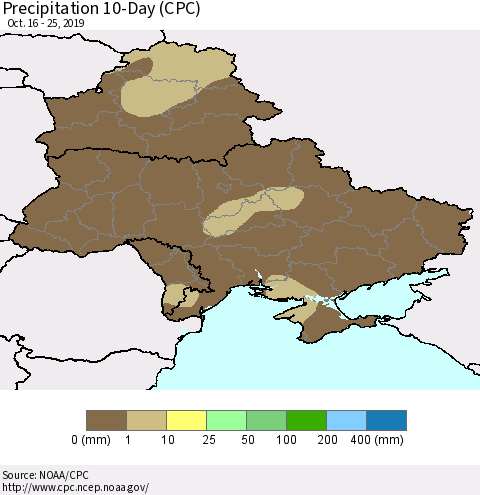 Ukraine, Moldova and Belarus Precipitation 10-Day (CPC) Thematic Map For 10/16/2019 - 10/25/2019