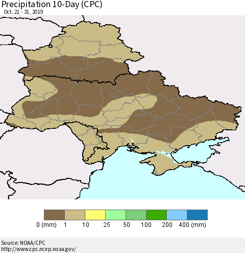 Ukraine, Moldova and Belarus Precipitation 10-Day (CPC) Thematic Map For 10/21/2019 - 10/31/2019