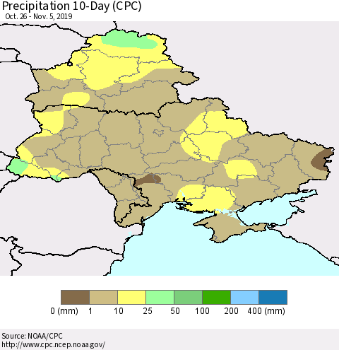 Ukraine, Moldova and Belarus Precipitation 10-Day (CPC) Thematic Map For 10/26/2019 - 11/5/2019