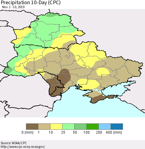 Ukraine, Moldova and Belarus Precipitation 10-Day (CPC) Thematic Map For 11/1/2019 - 11/10/2019