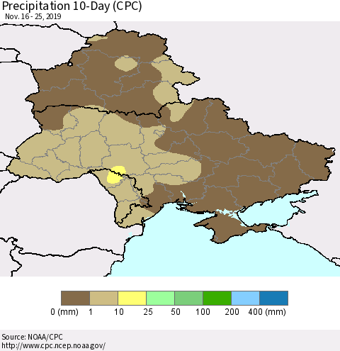Ukraine, Moldova and Belarus Precipitation 10-Day (CPC) Thematic Map For 11/16/2019 - 11/25/2019