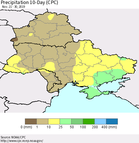 Ukraine, Moldova and Belarus Precipitation 10-Day (CPC) Thematic Map For 11/21/2019 - 11/30/2019