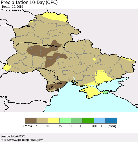 Ukraine, Moldova and Belarus Precipitation 10-Day (CPC) Thematic Map For 12/1/2019 - 12/10/2019