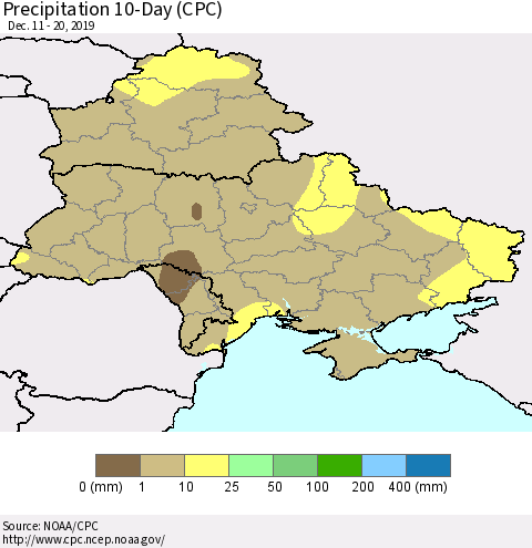 Ukraine, Moldova and Belarus Precipitation 10-Day (CPC) Thematic Map For 12/11/2019 - 12/20/2019