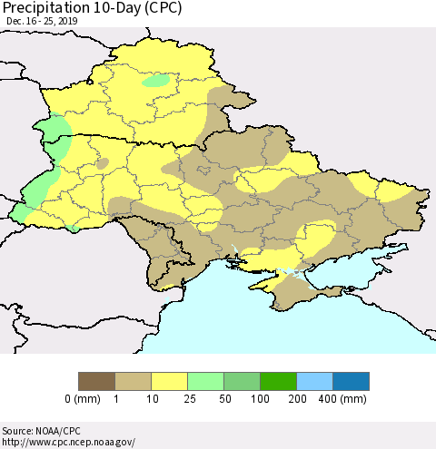 Ukraine, Moldova and Belarus Precipitation 10-Day (CPC) Thematic Map For 12/16/2019 - 12/25/2019