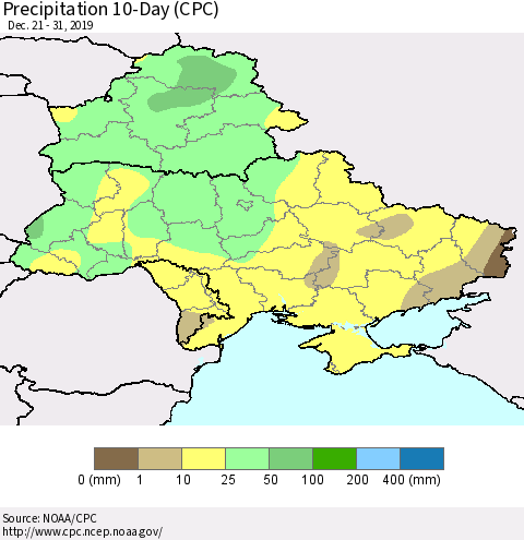 Ukraine, Moldova and Belarus Precipitation 10-Day (CPC) Thematic Map For 12/21/2019 - 12/31/2019
