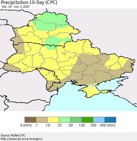 Ukraine, Moldova and Belarus Precipitation 10-Day (CPC) Thematic Map For 12/26/2019 - 1/5/2020