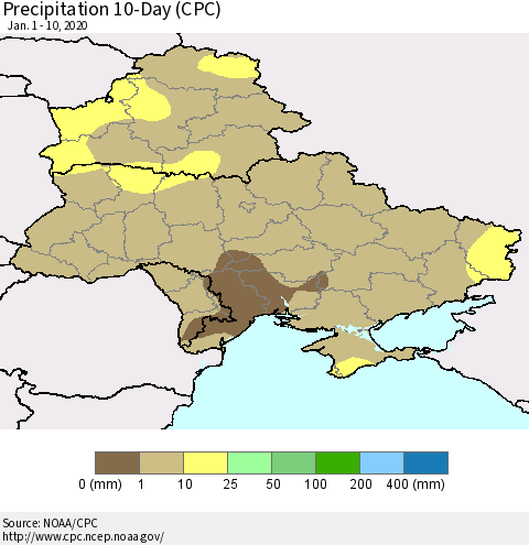 Ukraine, Moldova and Belarus Precipitation 10-Day (CPC) Thematic Map For 1/1/2020 - 1/10/2020