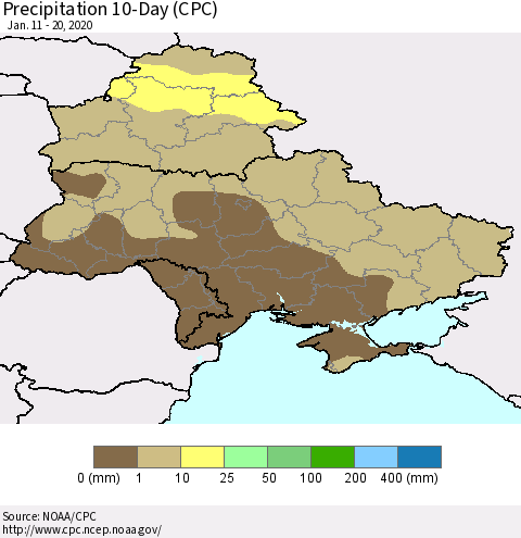 Ukraine, Moldova and Belarus Precipitation 10-Day (CPC) Thematic Map For 1/11/2020 - 1/20/2020