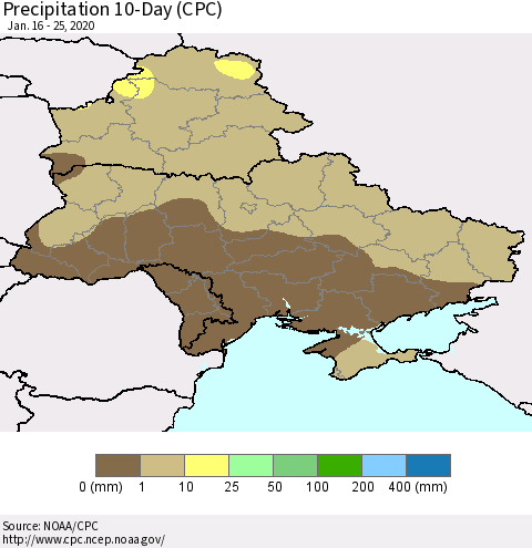 Ukraine, Moldova and Belarus Precipitation 10-Day (CPC) Thematic Map For 1/16/2020 - 1/25/2020