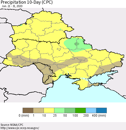 Ukraine, Moldova and Belarus Precipitation 10-Day (CPC) Thematic Map For 1/21/2020 - 1/31/2020