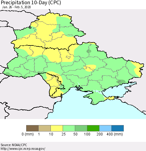 Ukraine, Moldova and Belarus Precipitation 10-Day (CPC) Thematic Map For 1/26/2020 - 2/5/2020