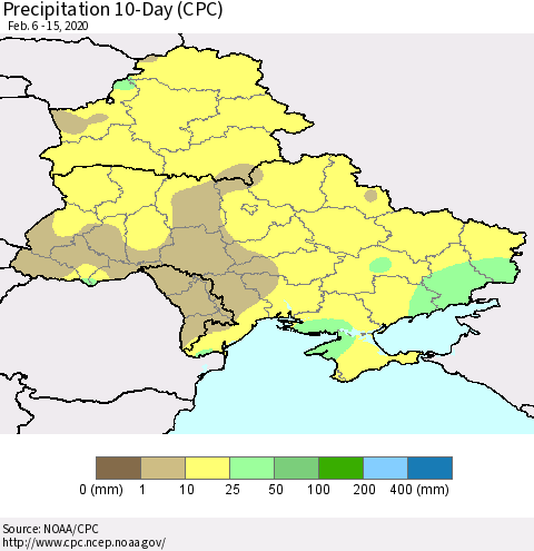 Ukraine, Moldova and Belarus Precipitation 10-Day (CPC) Thematic Map For 2/6/2020 - 2/15/2020