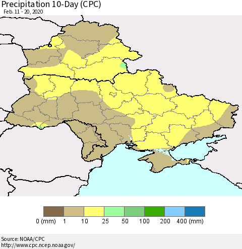 Ukraine, Moldova and Belarus Precipitation 10-Day (CPC) Thematic Map For 2/11/2020 - 2/20/2020