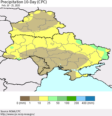 Ukraine, Moldova and Belarus Precipitation 10-Day (CPC) Thematic Map For 2/16/2020 - 2/25/2020