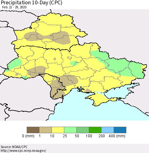 Ukraine, Moldova and Belarus Precipitation 10-Day (CPC) Thematic Map For 2/21/2020 - 2/29/2020