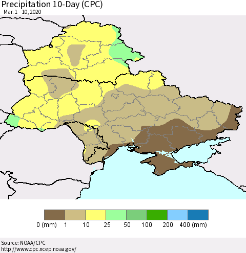 Ukraine, Moldova and Belarus Precipitation 10-Day (CPC) Thematic Map For 3/1/2020 - 3/10/2020