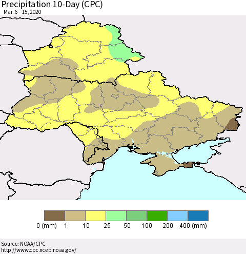 Ukraine, Moldova and Belarus Precipitation 10-Day (CPC) Thematic Map For 3/6/2020 - 3/15/2020