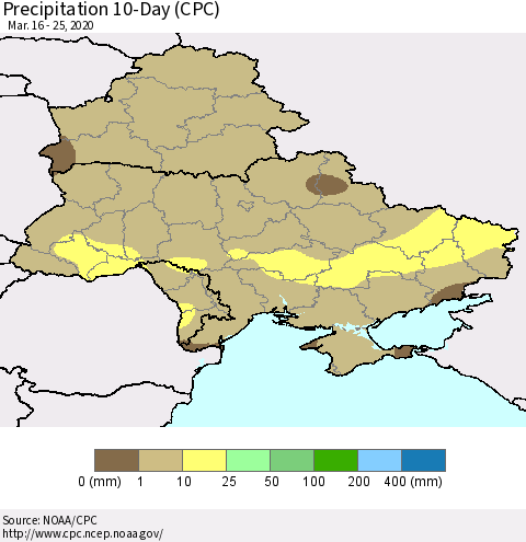 Ukraine, Moldova and Belarus Precipitation 10-Day (CPC) Thematic Map For 3/16/2020 - 3/25/2020
