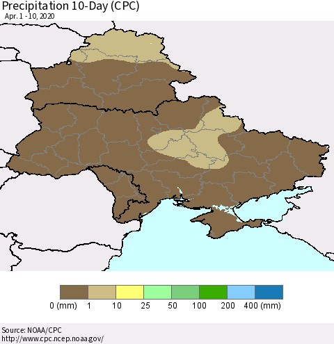Ukraine, Moldova and Belarus Precipitation 10-Day (CPC) Thematic Map For 4/1/2020 - 4/10/2020