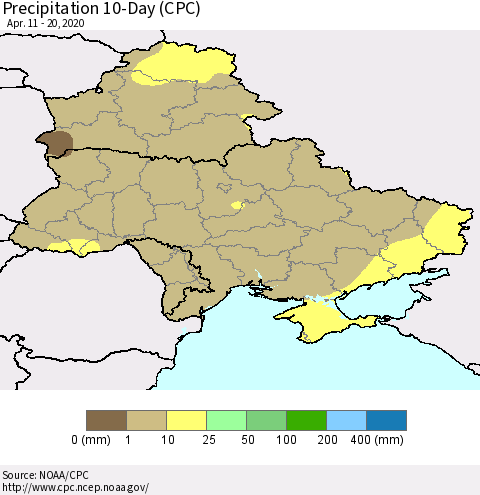 Ukraine, Moldova and Belarus Precipitation 10-Day (CPC) Thematic Map For 4/11/2020 - 4/20/2020