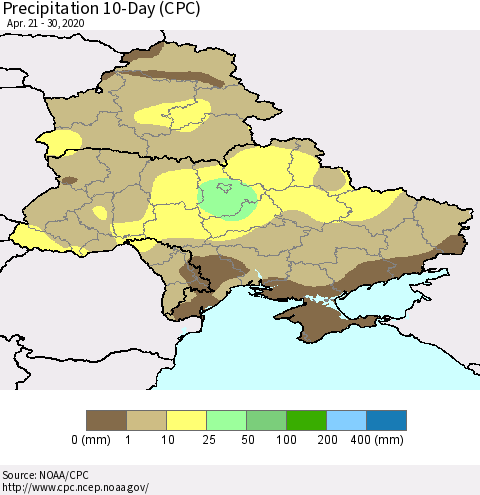 Ukraine, Moldova and Belarus Precipitation 10-Day (CPC) Thematic Map For 4/21/2020 - 4/30/2020