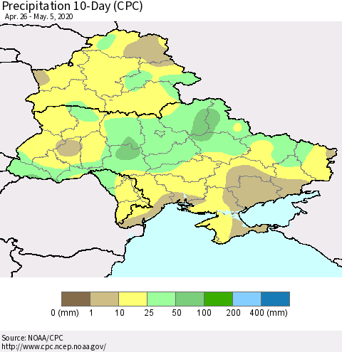 Ukraine, Moldova and Belarus Precipitation 10-Day (CPC) Thematic Map For 4/26/2020 - 5/5/2020