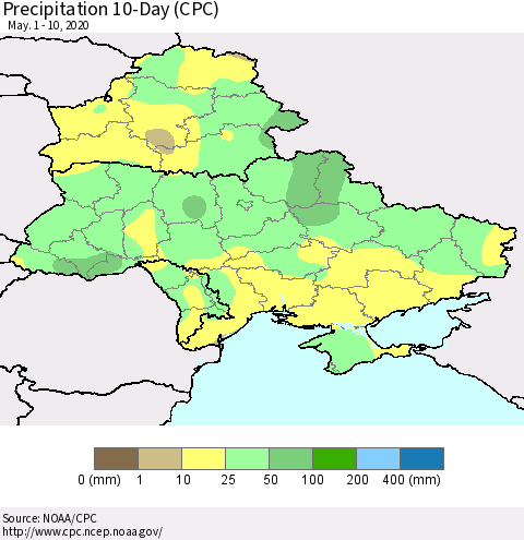Ukraine, Moldova and Belarus Precipitation 10-Day (CPC) Thematic Map For 5/1/2020 - 5/10/2020