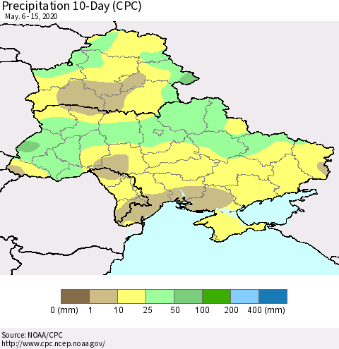 Ukraine, Moldova and Belarus Precipitation 10-Day (CPC) Thematic Map For 5/6/2020 - 5/15/2020