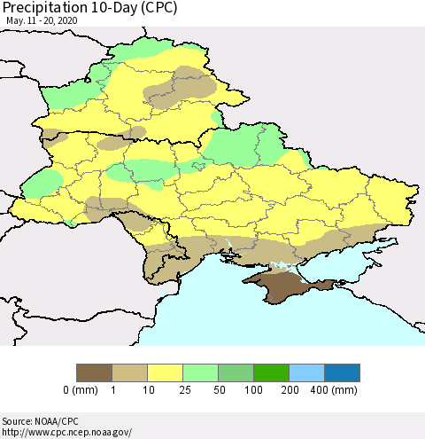 Ukraine, Moldova and Belarus Precipitation 10-Day (CPC) Thematic Map For 5/11/2020 - 5/20/2020