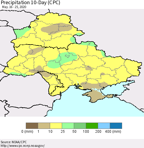 Ukraine, Moldova and Belarus Precipitation 10-Day (CPC) Thematic Map For 5/16/2020 - 5/25/2020