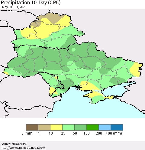 Ukraine, Moldova and Belarus Precipitation 10-Day (CPC) Thematic Map For 5/21/2020 - 5/31/2020