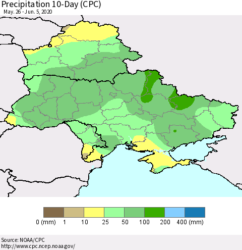 Ukraine, Moldova and Belarus Precipitation 10-Day (CPC) Thematic Map For 5/26/2020 - 6/5/2020