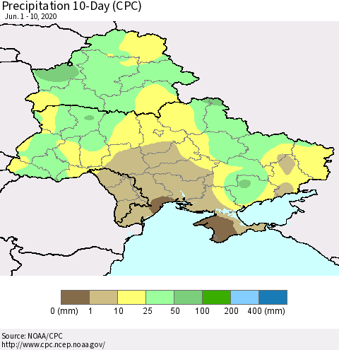 Ukraine, Moldova and Belarus Precipitation 10-Day (CPC) Thematic Map For 6/1/2020 - 6/10/2020