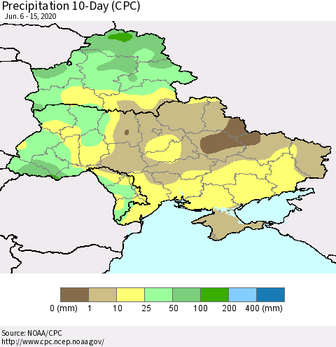 Ukraine, Moldova and Belarus Precipitation 10-Day (CPC) Thematic Map For 6/6/2020 - 6/15/2020