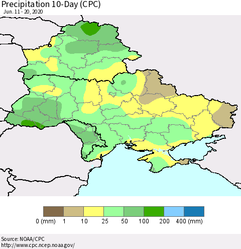 Ukraine, Moldova and Belarus Precipitation 10-Day (CPC) Thematic Map For 6/11/2020 - 6/20/2020
