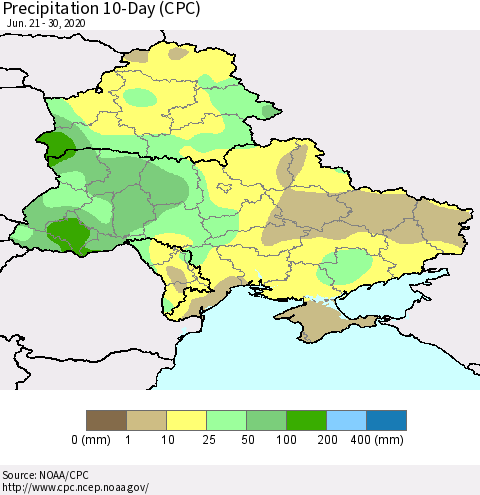 Ukraine, Moldova and Belarus Precipitation 10-Day (CPC) Thematic Map For 6/21/2020 - 6/30/2020