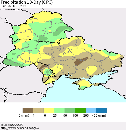 Ukraine, Moldova and Belarus Precipitation 10-Day (CPC) Thematic Map For 6/26/2020 - 7/5/2020