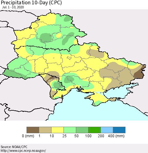 Ukraine, Moldova and Belarus Precipitation 10-Day (CPC) Thematic Map For 7/1/2020 - 7/10/2020
