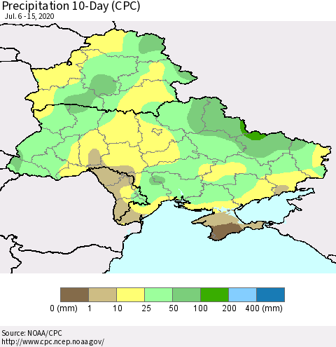 Ukraine, Moldova and Belarus Precipitation 10-Day (CPC) Thematic Map For 7/6/2020 - 7/15/2020