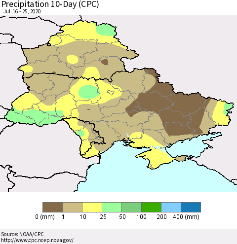 Ukraine, Moldova and Belarus Precipitation 10-Day (CPC) Thematic Map For 7/16/2020 - 7/25/2020